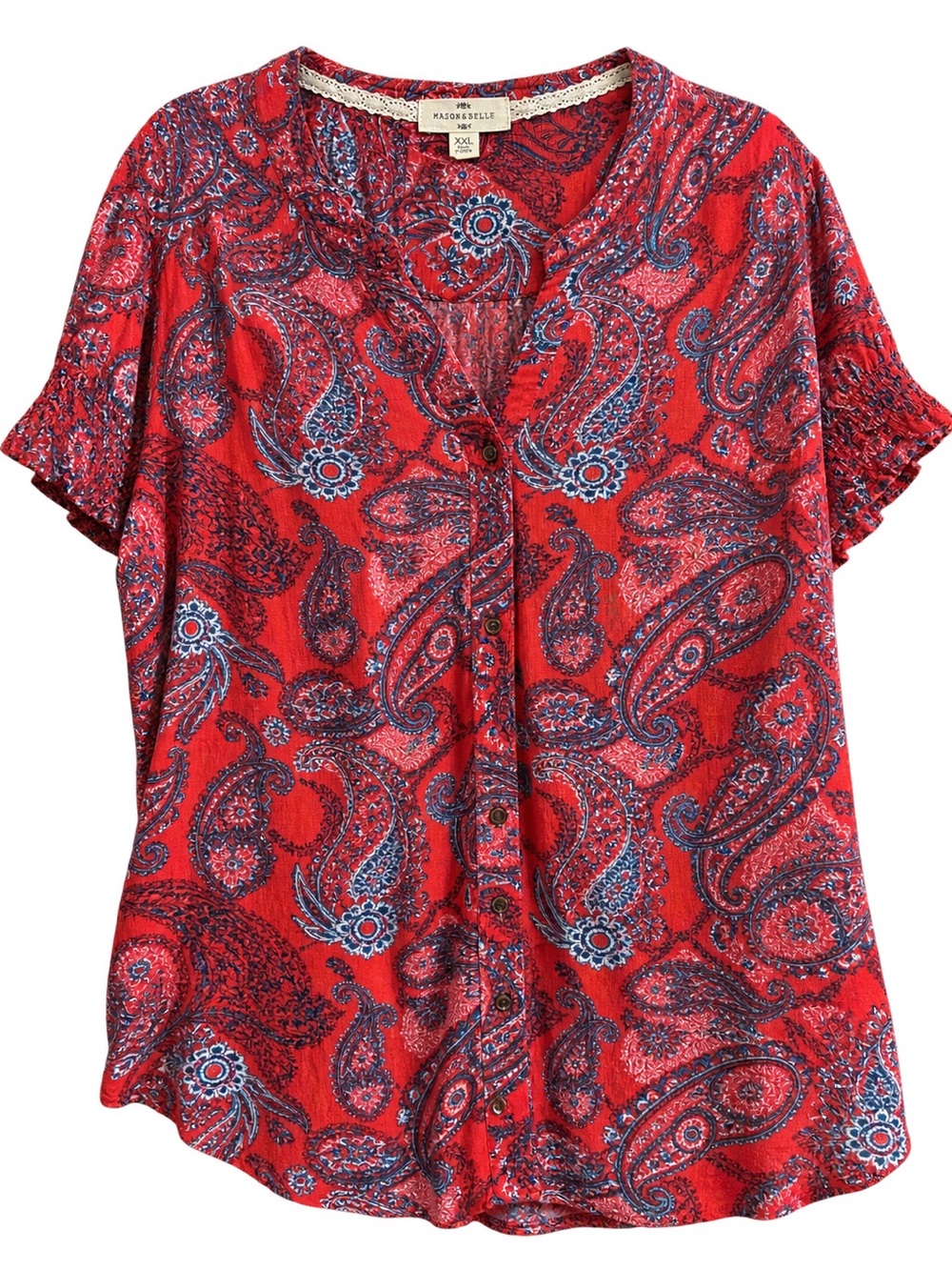 Maison Jules Red Paisley Short-Sleeve Button Blouse